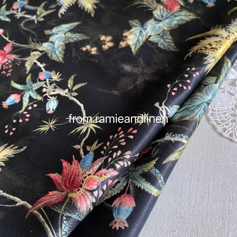silk fabric, silk cotton/viscose blend charmeuse, garden elements print silk fabric, very smooth and soft, drape well, half yard by 53" wide image 8