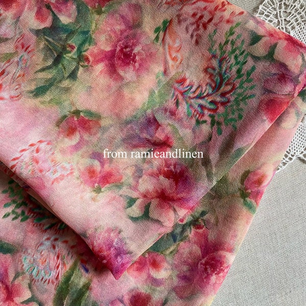 silk fabric, digital print, hazy watercolor pink flowers print, silk georgette fabric, half yard by 53" wide