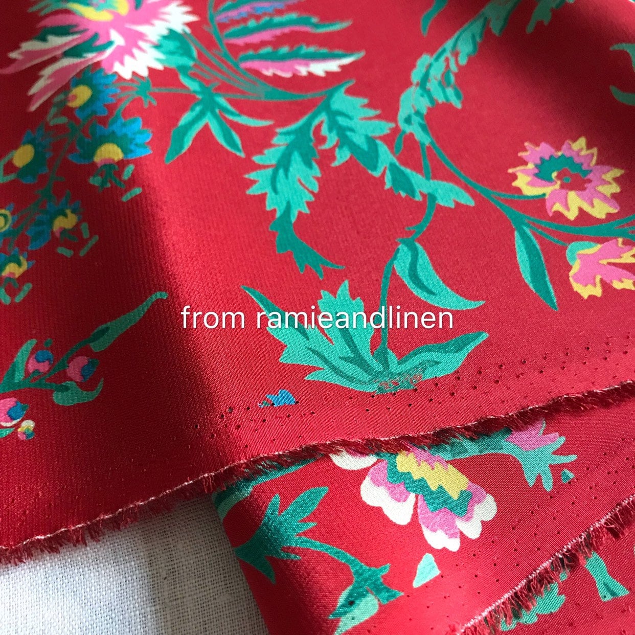 Silk Fabric Green Leaves and Floral on Red Background Silk Etsy