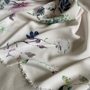Silk fabric, digital print, watercolor floral print on milky white, sand washed silk crepe de chine fabric, half yard by 52" wide