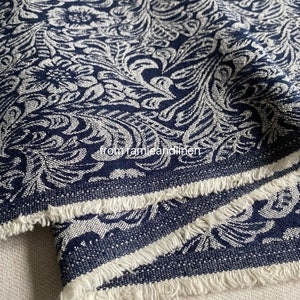 Italy imported linen fabric, paisley pattern yarn dyed jacquard weaved, denim cotton linen blend elastic fabric, half yard by 42&quot; wide