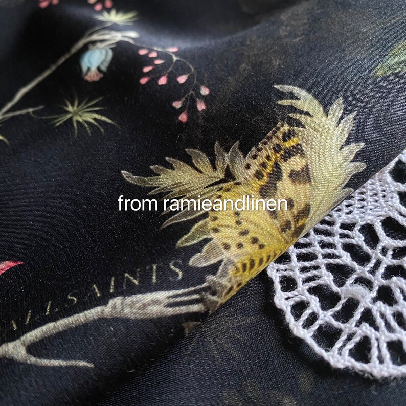 silk fabric, silk cotton/viscose blend charmeuse, garden elements print silk fabric, very smooth and soft, drape well, half yard by 53" wide image 7
