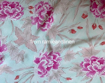 Silk fabric, pink peony print, silk crepe de chine mulberry silk fabric, half yard by 44" wide