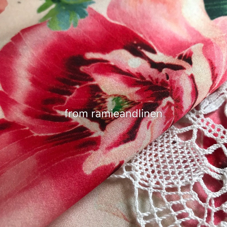 stretchy silk crepe satin half yard by 53 wide vivid peony on pink background silk charmeuse fabric digital print silk fabric