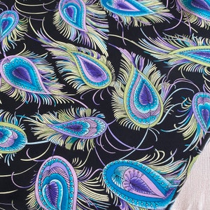 silk fabric, double georgette mulberry silk fabric, peacock feathers on black, dress fabric, scarf fabric, half yard by 44&quot; wide