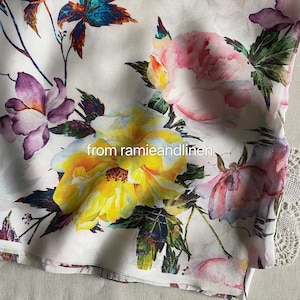 Silk fabric,  digital print, yellow and pink peony flower print, silk crepe de chine fabric, half yard by 55&quot; wide
