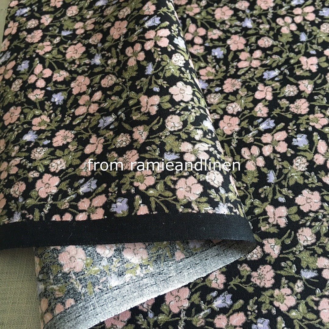 Japanese Fabric, Mini Flowers Print on Black Fine Cotton Fabric, Half ...