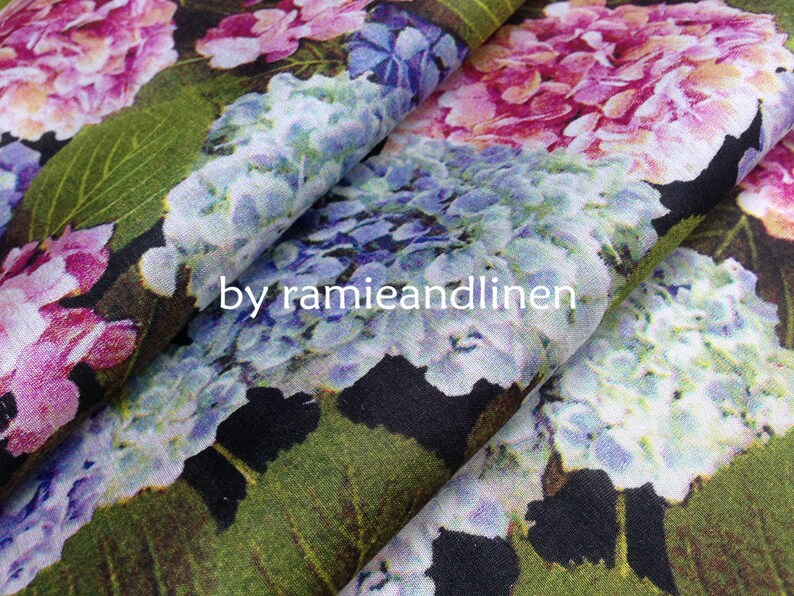 silk fabric digital printed hydrangea floral silk cotton blend fabric half yard by 52 wide