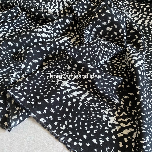 Silk fabric, irregular natural white dots on black print, stretchy silk cotton blend fabric, half yard by 54" wide