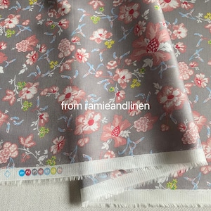Japanese cotton fabric, pink flowers on grey print ,cotton twill fabric, half yard by 57&quot; wide