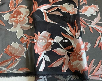 silk fabric, HALF YARD by 55" wide, peach fuzz flowers on black print, rayon flowers on silk base, silk burnout fabric