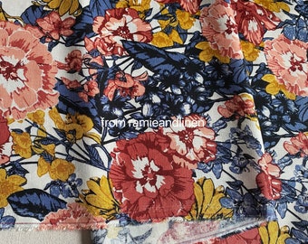 linen fabric, HALF yard by 58" wide, colorful floral print, linen cotton blend fabric,