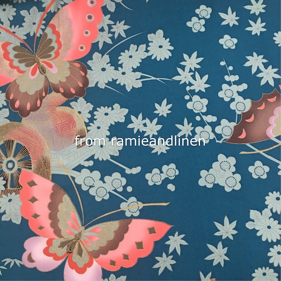 silk fabric, elastic double georgette silk fabric, japanese butterfly and flowers print , dress fabric, scarf fabric, half yard by 42" wide