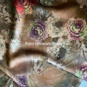 silk fabric, digital print, Chinese traditional peony print, gambiered Canton silk, mud silk, 37M/M, half yard by 45&quot; wide