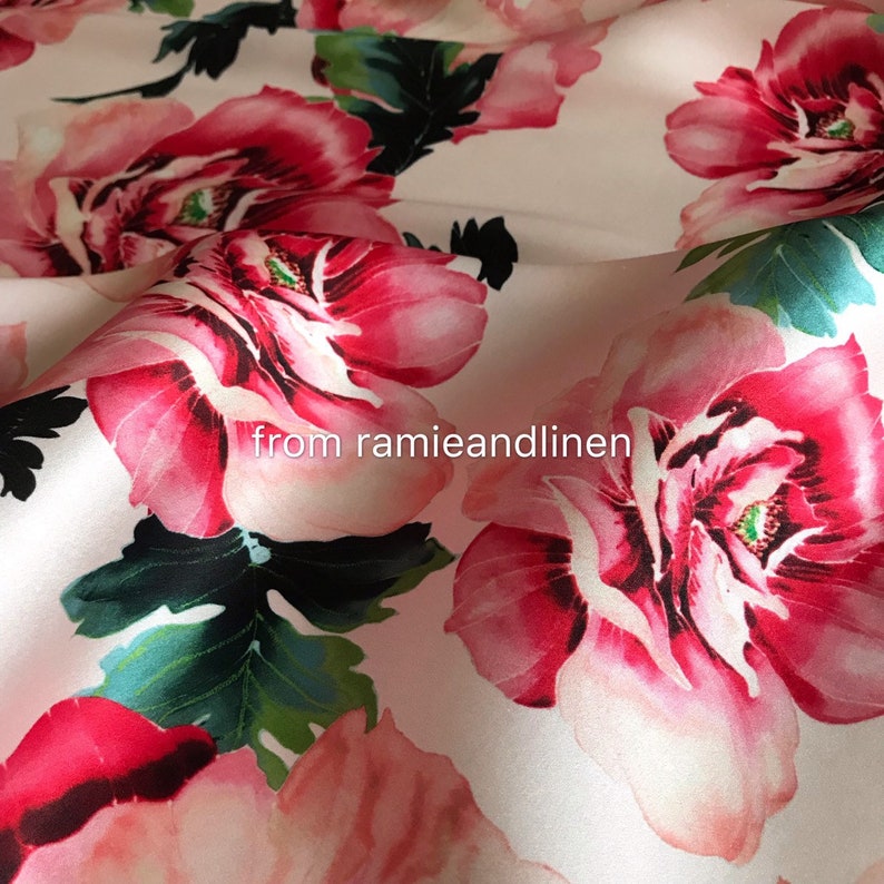 stretchy silk crepe satin half yard by 53 wide vivid peony on pink background silk charmeuse fabric digital print silk fabric