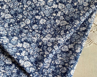cotton fabric, HALF YARD by 56" wide, handdrawing little blue flowers print, cotton twill fabric