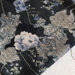 japanese fabric, kylin and peony flowers print, stripes jacquard weaved  cotton fabric, half yard by 44&quot; wide