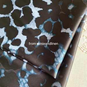 silk fabric, STRETCH Silk Charmeuse Fabric, 30m/m heavy mulberry silk, black grey jaguar spots on blue, half yard by 42" wide image 2
