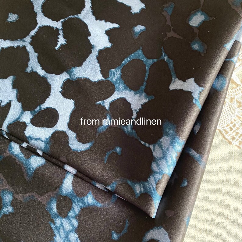 silk fabric, STRETCH Silk Charmeuse Fabric, 30m/m heavy mulberry silk, black grey jaguar spots on blue, half yard by 42" wide image 2