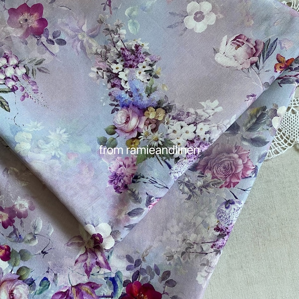 Silk fabric, digital print, flowers clusters on light lilac purple print, silk cotton blend fabric,  half yard by 54" wide