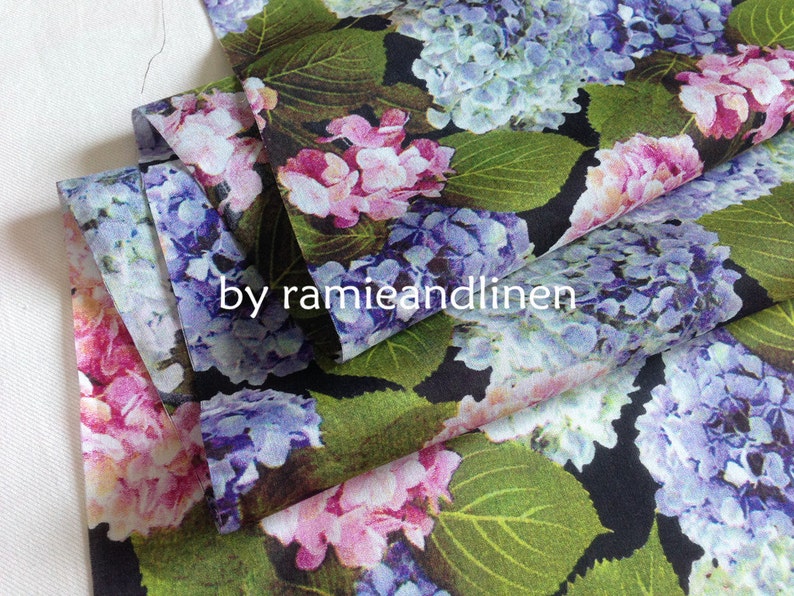 silk fabric digital printed hydrangea floral silk cotton blend fabric half yard by 52 wide