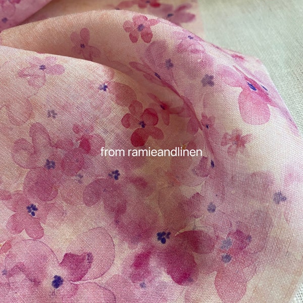 ramie fabric,  digital print, pink flowers print, high count fine ramie fabric, half yard by 56" wide