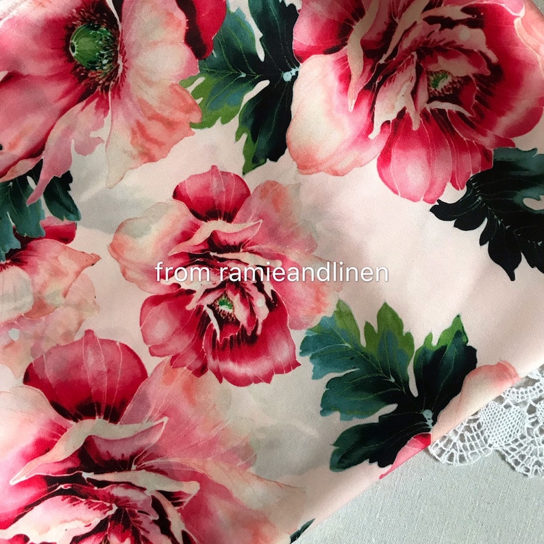 stretchy silk crepe satin half yard by 53 wide vivid peony on pink background silk charmeuse fabric digital print silk fabric