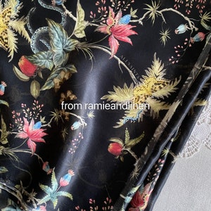 silk fabric, silk cotton/viscose blend charmeuse, garden elements print silk fabric, very smooth and soft, drape well, half yard by 53" wide image 5