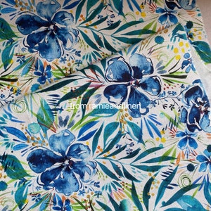 cotton linen blend fabric, watercolor blue flowers print, linen cotton blend fabric,  half yard by 44&quot; wide