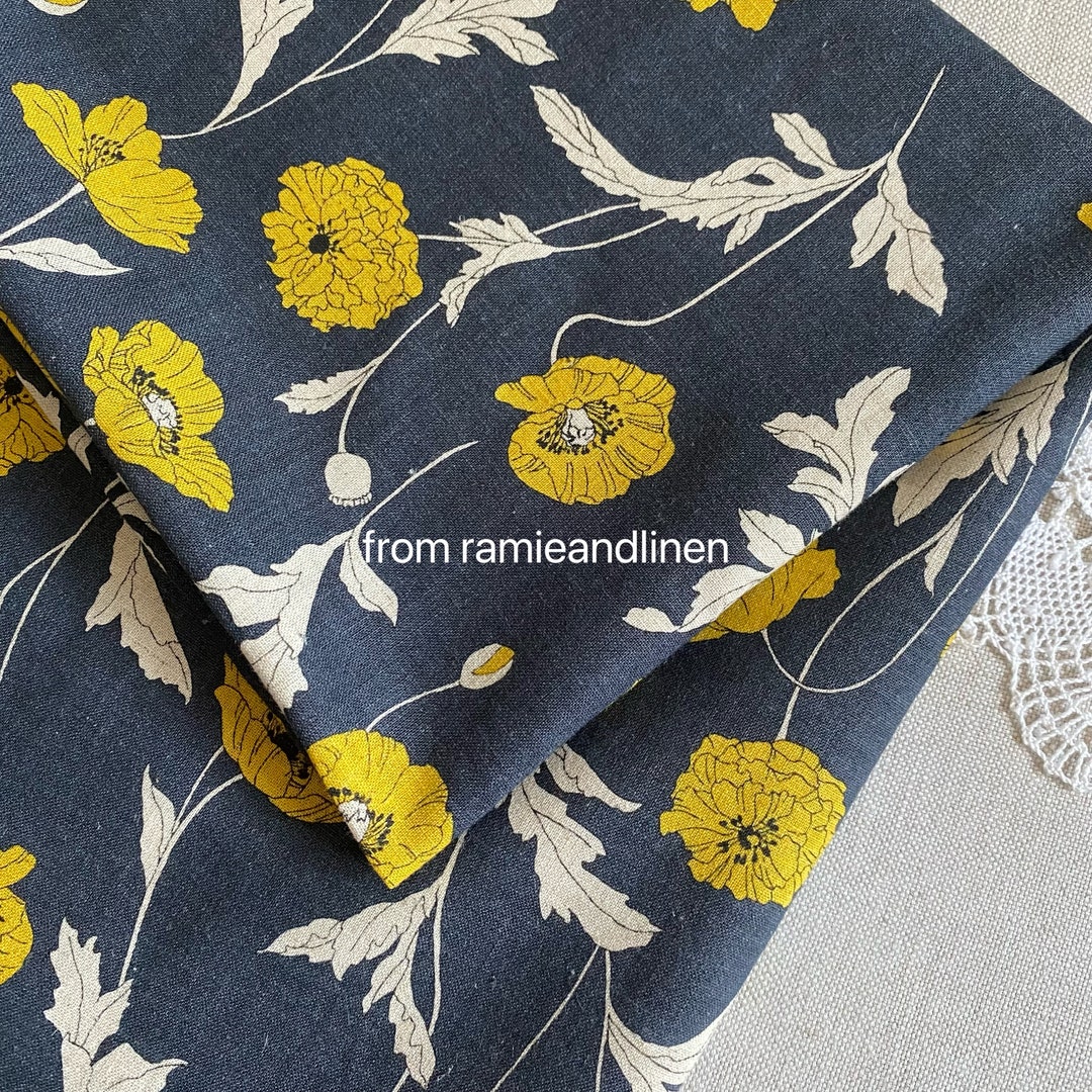 Japanese Linen Fabric, Line Drawing Style Yellow Poppy Flowers 
