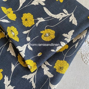 Japanese linen fabric, line drawing style yellow poppy flowers print, linen fabric, half yard, 18" by 45" wide