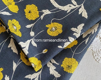 Japanese linen fabric, line drawing style yellow poppy flowers print, linen fabric, half yard, 18" by 45" wide