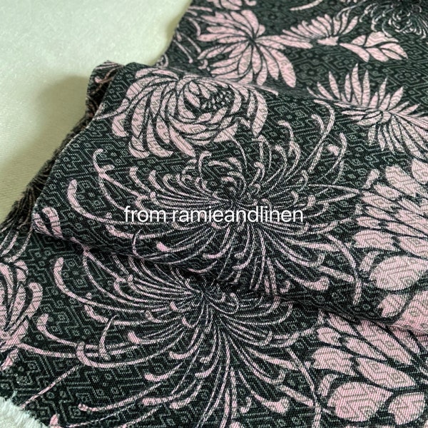 Japanese vintage style pink floral print on grey/black cotton double-gauze fabric, half yard, 18" by 54" wide
