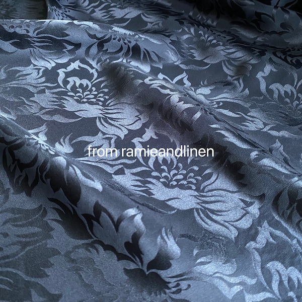 tissu en soie, tissu jacquard floral 100 % pure soie, bleu marine, tissu pour robe, demi-mètre par 44" de large