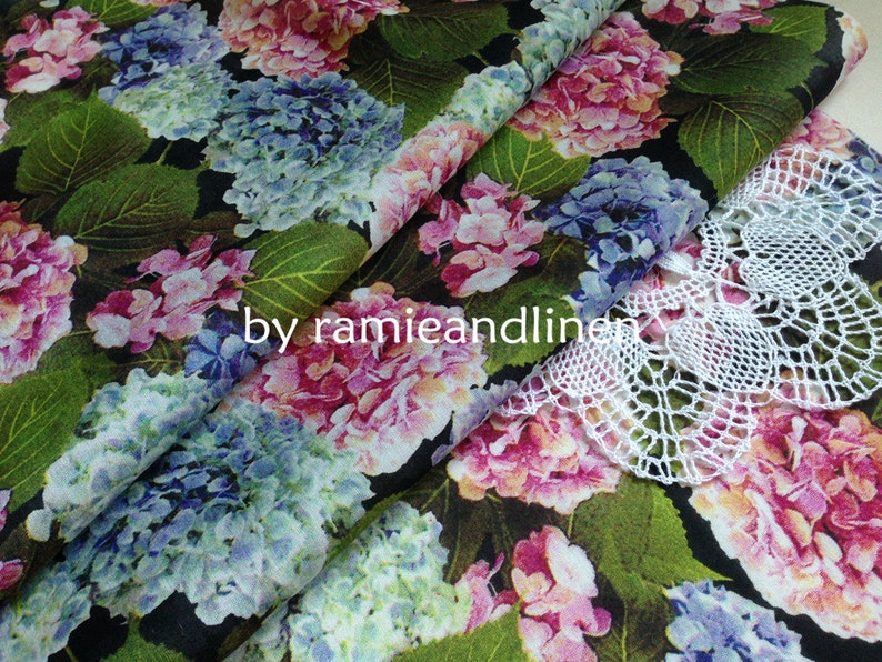 silk fabric digital printed hydrangea floral silk cotton blend fabric half yard by 52 wide