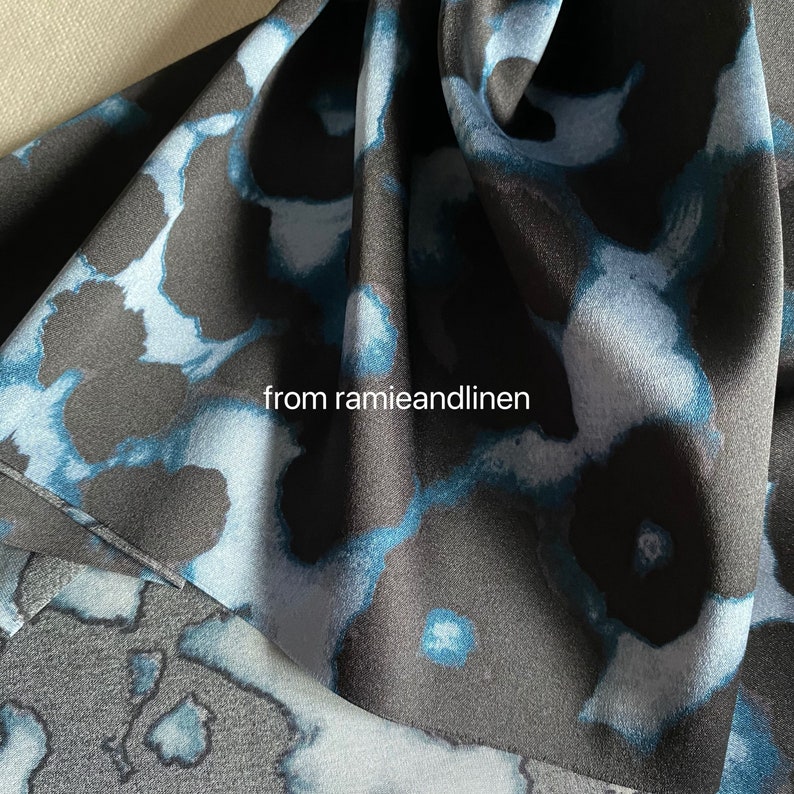 silk fabric, STRETCH Silk Charmeuse Fabric, 30m/m heavy mulberry silk, black grey jaguar spots on blue, half yard by 42" wide image 8