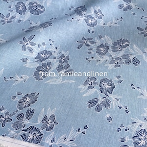 linen fabric, blue floral print linen fabric, half yard by 53&quot; wide