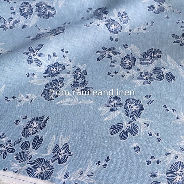 linen fabric, blue floral print linen fabric, half yard by 53" wide
