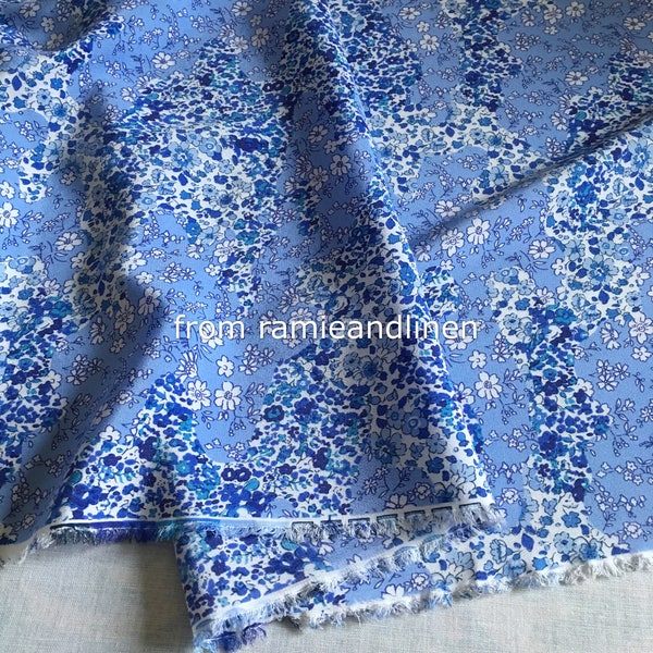 Silk fabric, blue floral print silk crepe de chine mulberry silk fabric, half yard by 54" wide