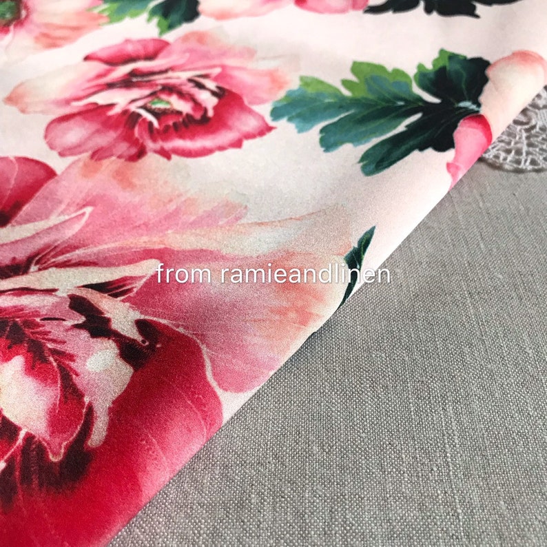 stretchy silk crepe satin half yard by 53 wide vivid peony on pink background silk charmeuse fabric digital print silk fabric