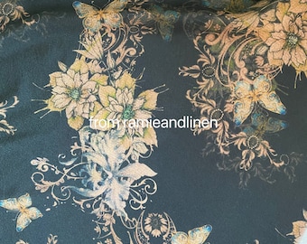 Silk fabric, digital print, vintage style, butterflies in flowers print, silk crepe de chine mulberry silk fabric, half yard by 54" wide