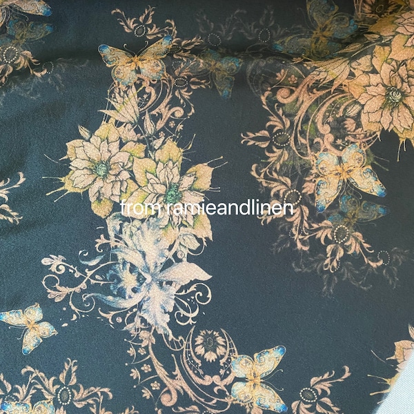 Silk fabric, digital print, vintage style, butterflies in flowers print, silk crepe de chine mulberry silk fabric, half yard by 54" wide