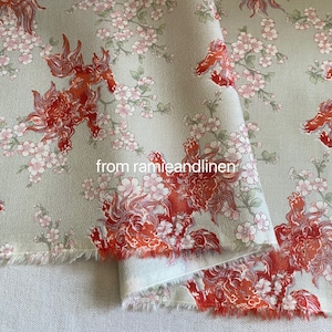 Japanese cotton crepe fabric, red kylin and sakura print cotton kimono fabric, half yard by 42&quot; wide