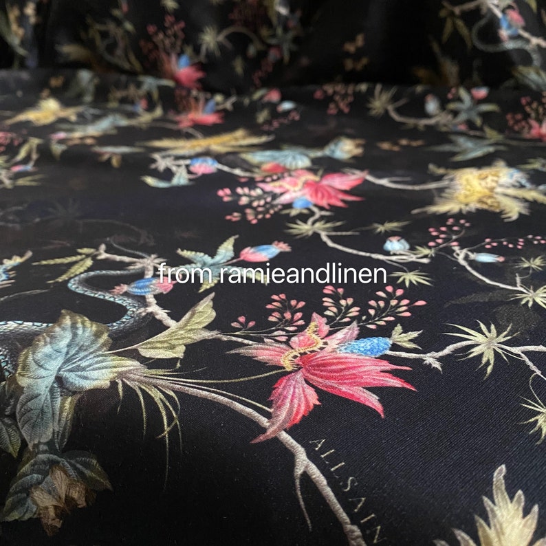 silk fabric, silk cotton/viscose blend charmeuse, garden elements print silk fabric, very smooth and soft, drape well, half yard by 53" wide image 9