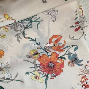 Silk fabric, lily and other flowers print, silk crepe de chine fabric, half yard by 44&quot; wide