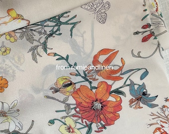 Silk fabric, lily and other flowers print, silk crepe de chine fabric, half yard by 44" wide