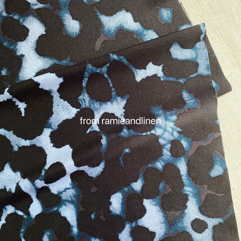 silk fabric, STRETCH Silk Charmeuse Fabric, 30m/m heavy mulberry silk, black grey jaguar spots on blue, half yard by 42" wide image 6