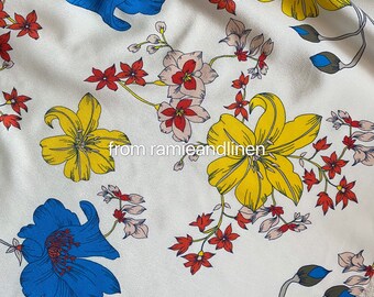 Silk fabric, blue and yellow flowers print, silk crepe de chine mulberry silk fabric, half yard by 54" wide