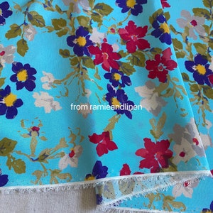 Silk fabric, flowers print on blue, silk crepe de chine fabric, half yard by 45&quot; wide
