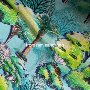 silk fabric, digital print, sketchy trees print, silk linen blend fabric, half yard by 57" wide